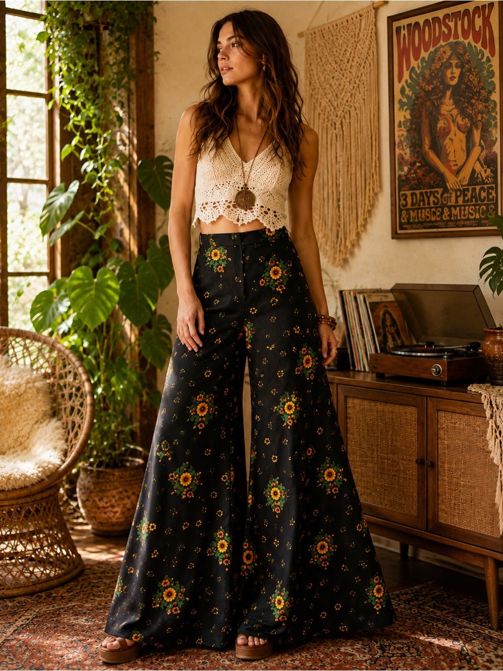 Vintage Mr. Dino 70s Floral High Rise Wide Leg Palazzo Pants Size 12 Boho Hippie